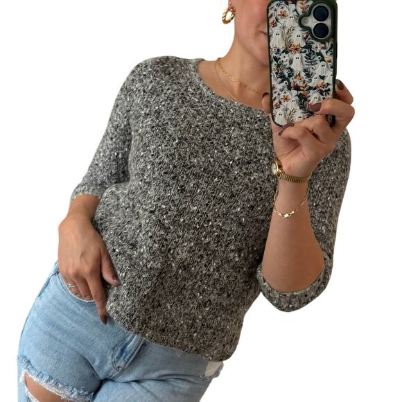 Ann Taylor S Grey Marled Chunky Knit Ribbed Crew Neck Long Sleeve Wool Sweater - Picture 1 of 6